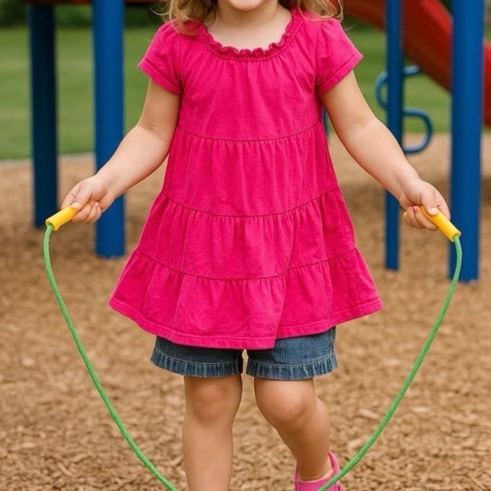 Circo Girls 4T 2 Piece Outfit Pink Tiered Top Chambray Denim Shorts Set